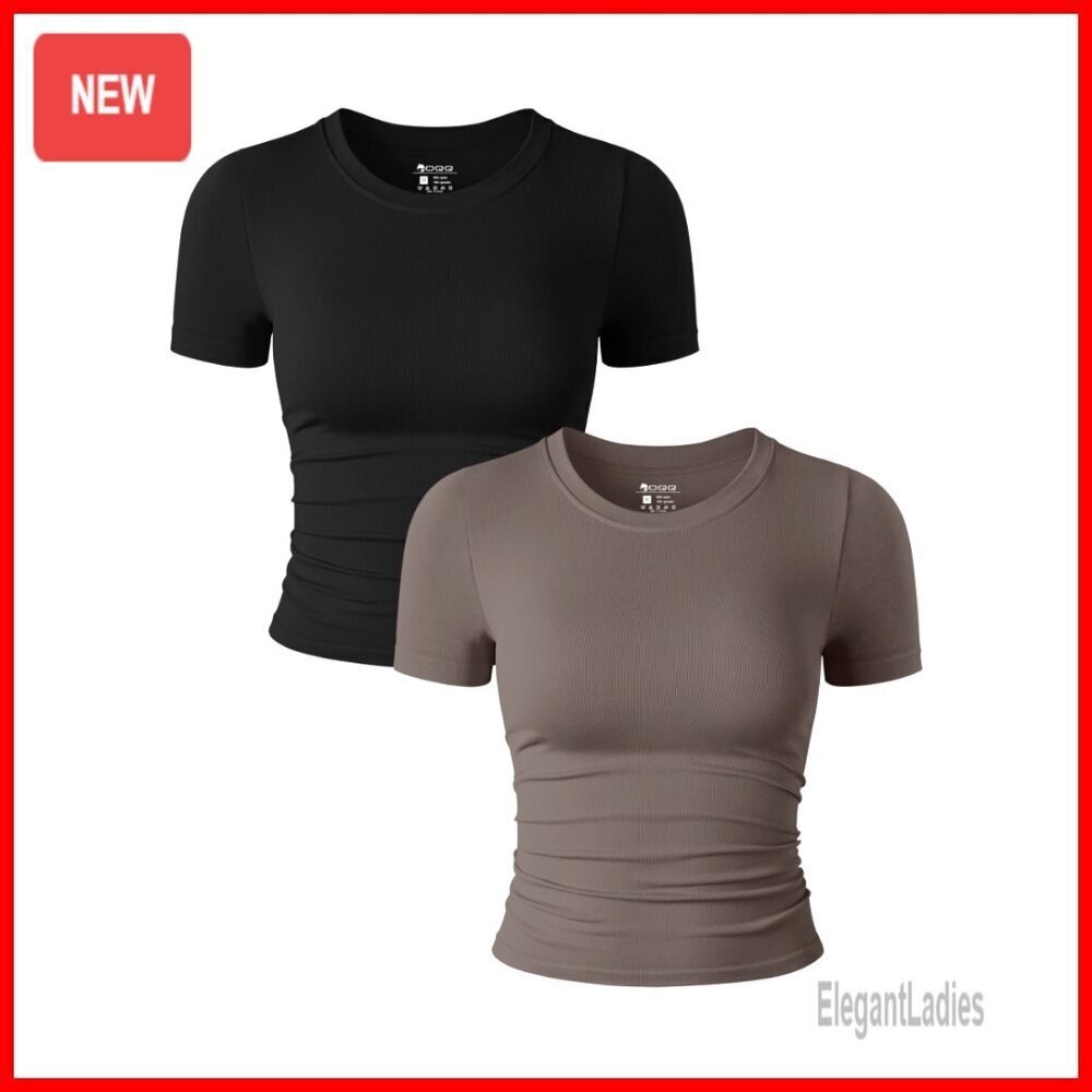 2-Piece Ruched Stretch Crop Tops, Short Sleeve Crew Neck Fitted Tees